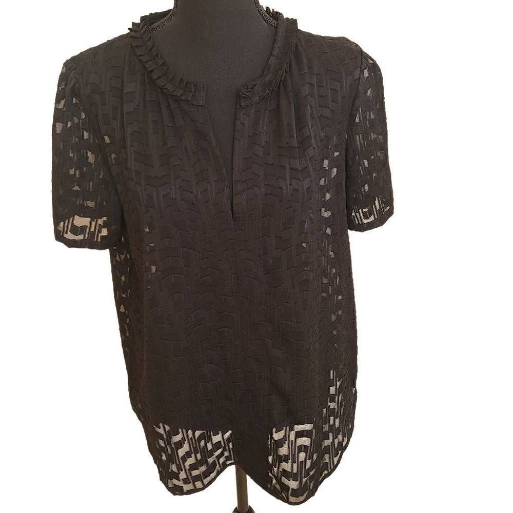 Ann Taylor Women's Split Neck Lace See Thru Short Sleeve Blouse Black Medium